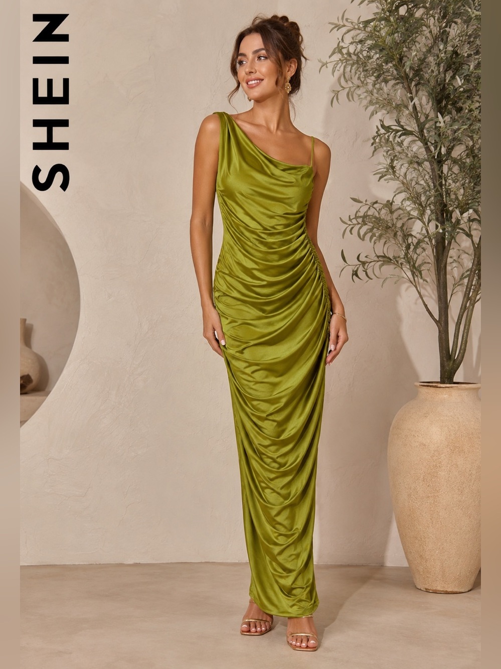 SHEIN Green One-Shoulder Ruched Maxi Dress Party Formal